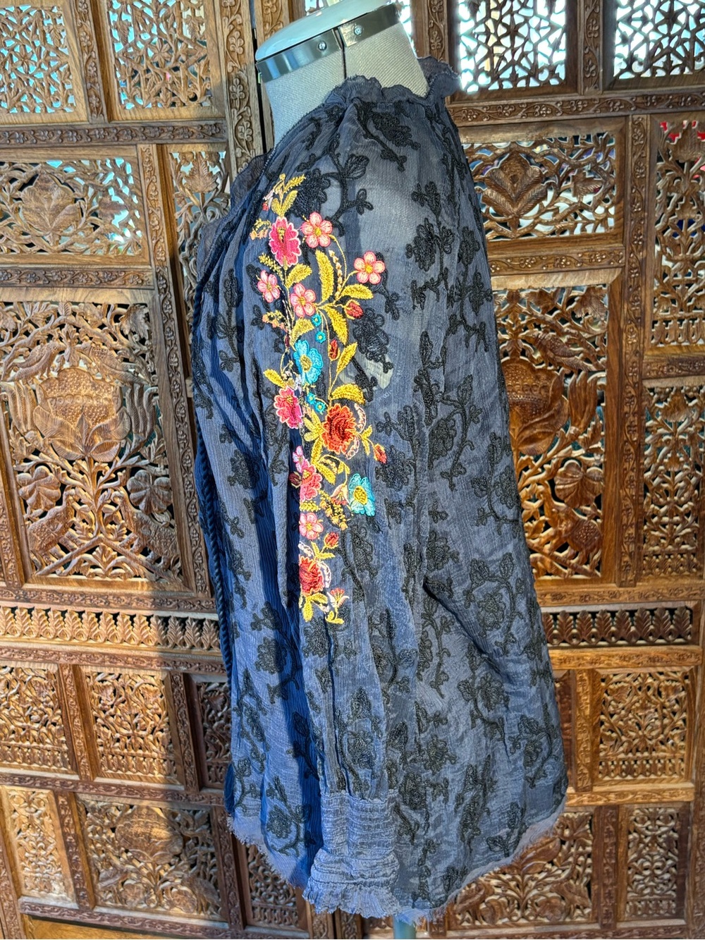 Sundance Navy Tunic with Black Embroidered Motif and Colorful Sleeve Florals